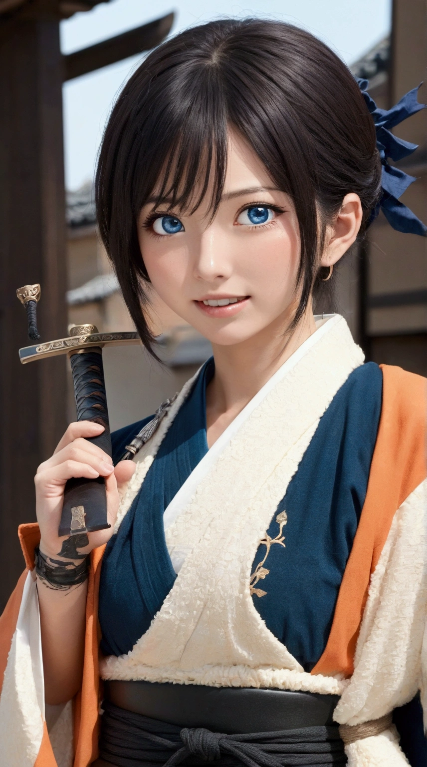 (Japanese sword &reference;Muramasa 2&reference;.2)Beautiful 27 year old woman、Japanese women、Tie your hair back、Hair ornament artist、Shinobi Costume、Warrior、Clear Eyes、{Arm tattoo(SakuraFubuki}'Back Tattoo、Warrior、(Japanese swordを両手で構える、1.3)(Japanese sword1.2)Intermediate position、In front of the body、(Hold the sword horizontally 1.3)、whole body、Long Blade Sword、Realistic battle scenes、敵Warriorの返りBlood、Blood、High resolution、Highest quality、Very detailed、8k、background、The castle is burning、Sparks fly、