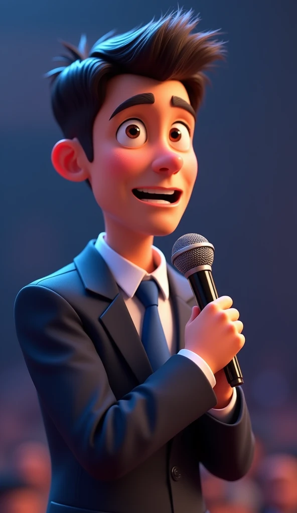 Avatar facing forward speaking into a microphone, dressed in a full suit., Pixar 3D drawing 