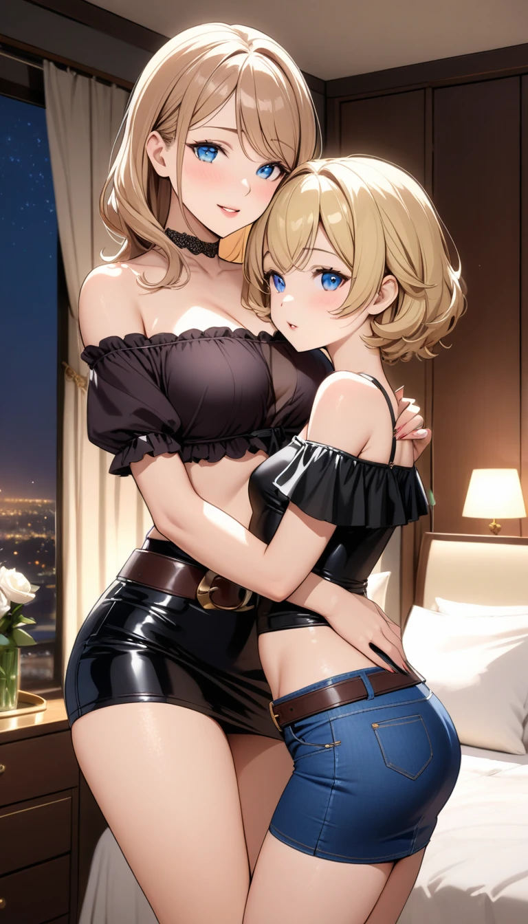 Two beautiful ladies ((lady 1: 45y old mom, with short straight blonde hair, lady 1 with blue eyes and caucasian skin, lady 1 wearing Tight Denim Skirt and Leather Belt, lady 1 ???? Off-Shoulder Mid Sleeves Dark Red Blouse)), ((lady 2: 15y old daughter, with short layered blonde hair, lady 2 with blue eyes and caucasian skin, lady 2 wearing Tight Dark Denim Skirt and Leather Belt, lady 2 ???? Off-Shoulder Short Sleeves Black Blouse)), ((lady 1: 45y old mom wearing luxurious jewelry, 18k gold wedding ring on left hand)), standing in their bedroom at night, hugging and kissing each other, (light brown lipstick), (elegant mascara), (slim body), (small ???????), (wide ????), endjourney, <lora:GoodHands-, <lora:GoodLegs-, UHD, high resolution, (expressive eyes, perfect face, full body, expressive face, perfect body, perfect ?????, athletic, fit, slim body, blushing, Perfect makeup, eyeliner, beautiful eyelashes, smiling, ????? face), ((best illumination, best shadows)), ((???? pose))