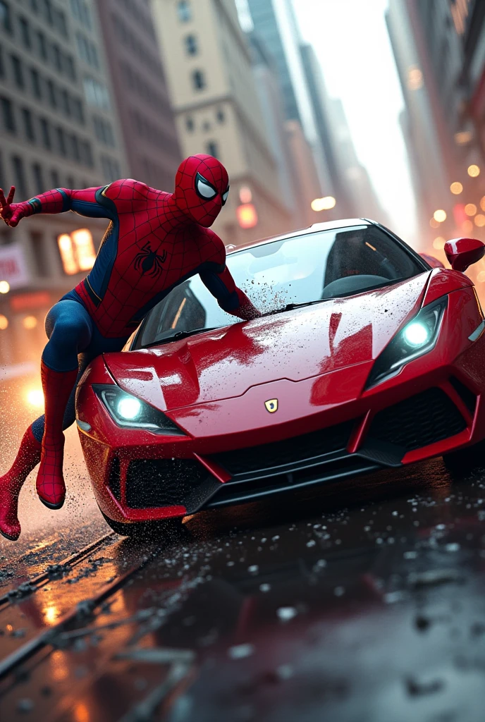 Ironman was driving a car and crashed into Spiderman, causing him to panic.