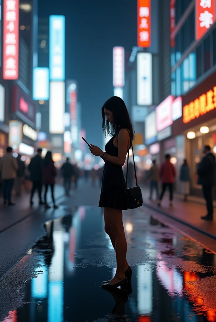 masterpiece,Highest quality,(Ultra-high definition CG Unity 8K wallpaper),(Highest quality),Physical Rendering,puddle,City view reflected on the water,Reflection of light,night,Busy Street,Passers-by々,Shibuya City,A prostitute stands alone, operating a smartphone.,Turtle neck sleeveless dress,