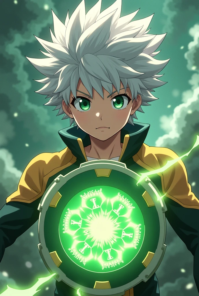"Izuku Midoriya has white hair and green eyes, with Mellisa shield.