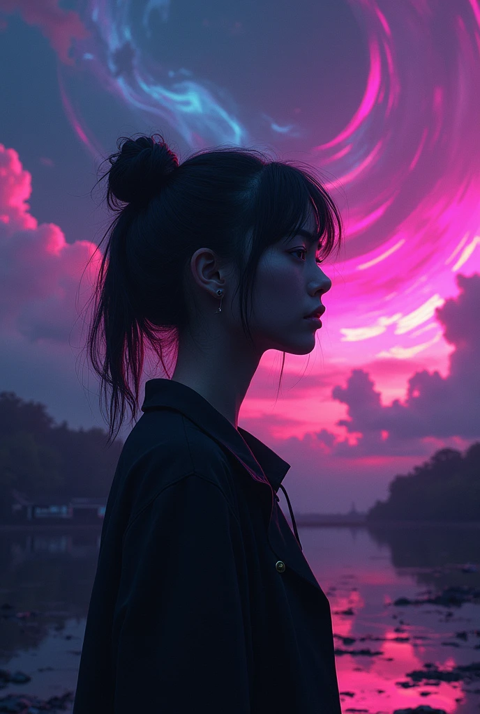 1girl, dark theme, synthwave sky,(best quality, high quality, high resolution), realistic, ultra-detailed, highly detailed face features, absurdres, realistic lighting and reflections, highly detailed face features, best photo,high quality illustration