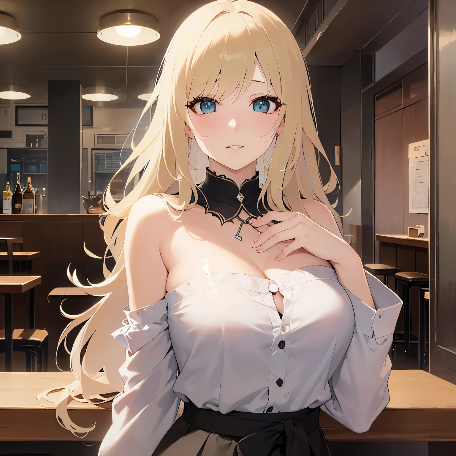 Cleavage、(Placing hand on chest:1.1)、Upper Body, Realistic, real person, (pale skin: 1.2), RAW photo, photorealistic, shiny skin, shiny hair、(A 25-year-old woman with medium-length hair and bangs) and (wavy hair) and (Blonde Hair) and (green eyes) , BREAK (white) and (off shoulder blouse) BREAK 、 (embarrassed:1.5), The background is the interior of a restaurant at night.、Alone、Are standing