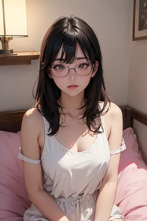Highest quality、masterpiece、High sensitivity、High resolution、Detailed Description、Slender women、Glasses、White camisole、Sitting on a futon、Bathed in pink light、overall、