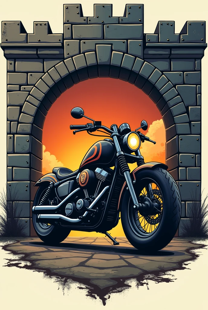 Logo for a motorcycle repair shop, called "Taller Warrior". with a motorcycle coming out of the door of a castle.