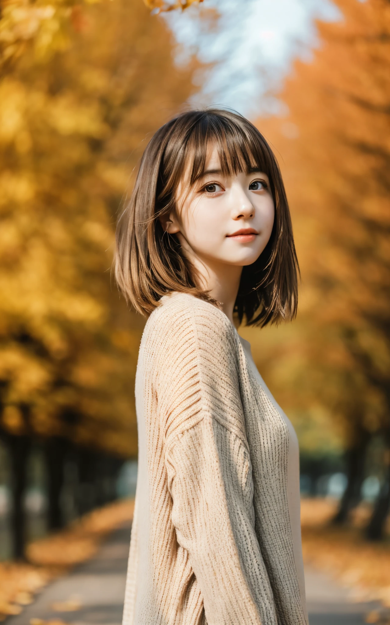 masterpiece, Best Quality, 8K, 1 girl, in autumn, A tree-lined road lined with autumn leaves, out of focus, 18 yo, medium breasts, Mouth slightly open, cute little, Solo, sad, Clothes that look good in autumn, Cute, Girly, Delicate girl, Neat and clean beauty, Raw photo, Professional Photography, Portrait, Soft light, Professional Lighting, Back lighting, Upper body, see the beholder, Sophisticated, Film grain, (Eyes and faces with detailed:1.0), medium hair swaying in the wind, beautiful flowing brown hair, bangs