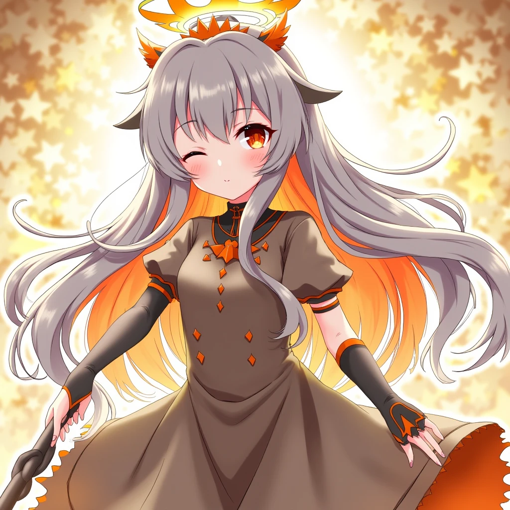 (masterpiece), best quality, ultra-detailed, illustration, warm lighting, bright colors, 1girl, solo, very long hair, grey hair, orange hair, orange inner hair, red eyes, colored inner hair, two-tone hair, ahoge, absurdly long hair, orange colored inner hair, multicolored hair, halo, , , body suit, flowing hair, wind, one eye closed, staff, dress, armor, headgear, floating,, ,