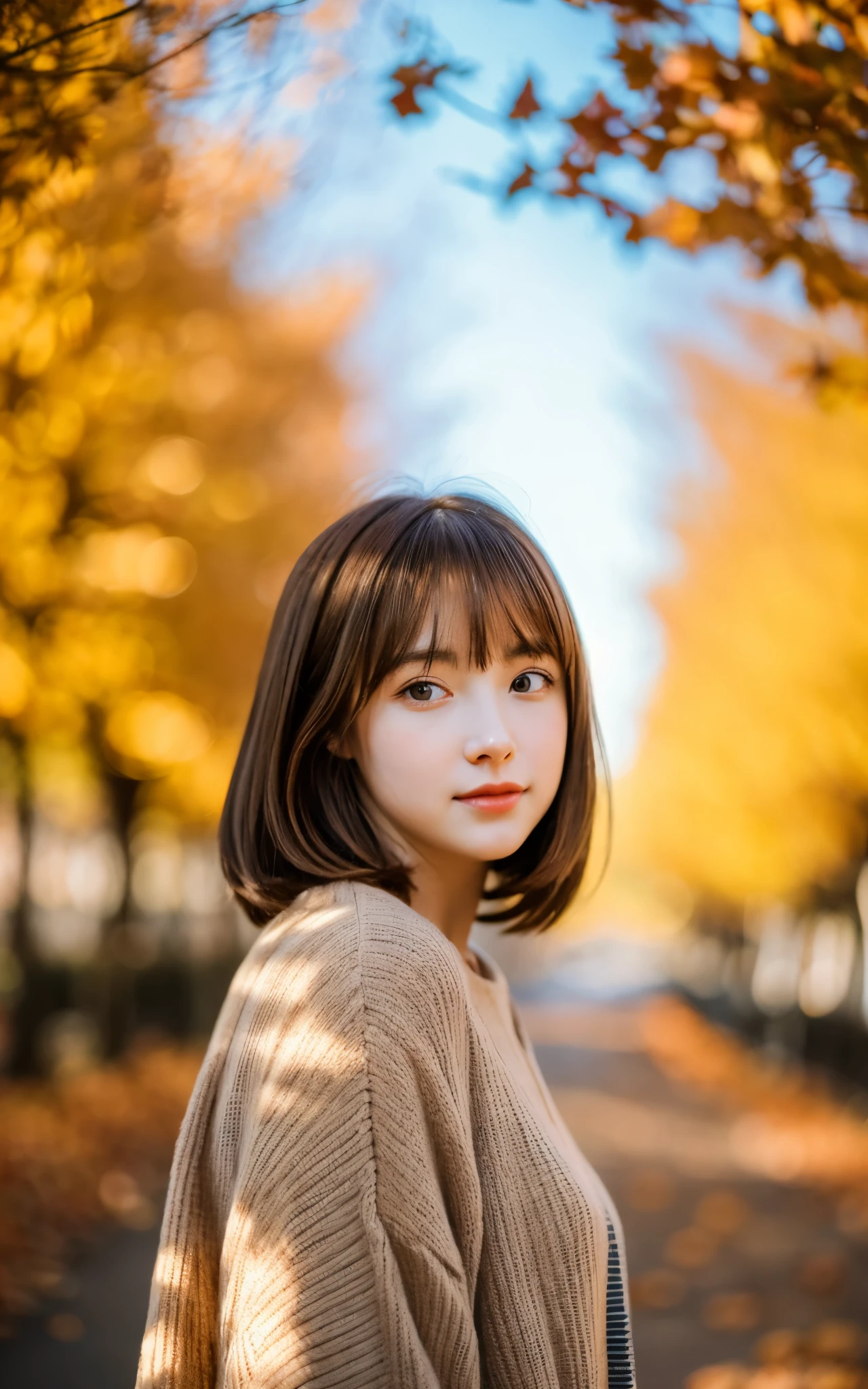 masterpiece, Best Quality, 8K, 1 girl, in autumn, A tree-lined road lined with autumn leaves, out of focus, 18 yo, medium breasts, Mouth slightly open, cute little, Solo, sad, Clothes that look good in autumn, Cute, Girly, Delicate girl, Neat and clean beauty, Raw photo, Professional Photography, Portrait, Soft light, Professional Lighting, Back lighting, Upper body, see the beholder, Sophisticated, Film grain, (Eyes and faces with detailed:1.0), medium hair swaying in the wind, beautiful flowing brown hair, bangs