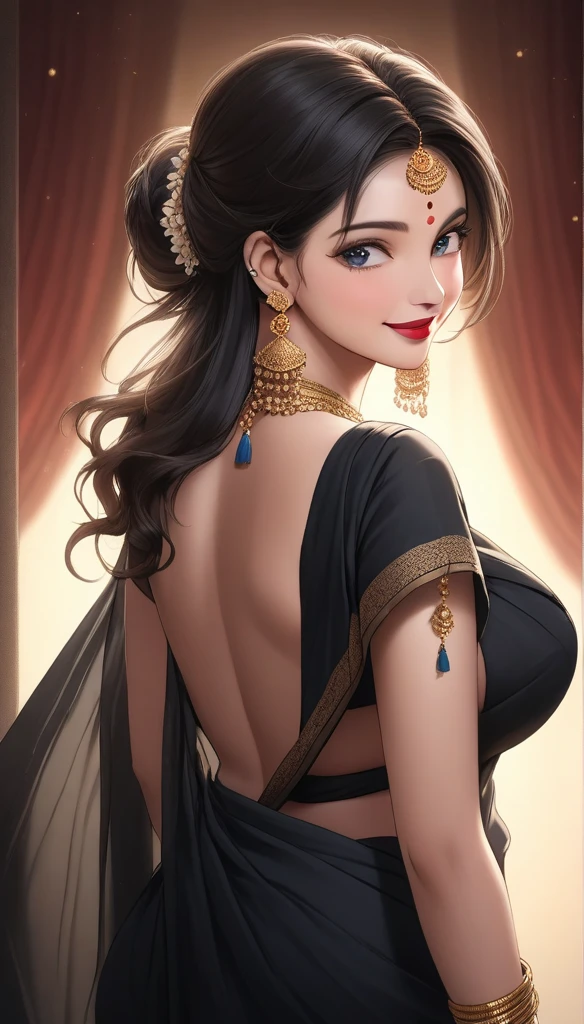 A beautiful mature woman bending down in front in a designeless plain silk black saree, exposing her ,intricate jhumka earrings, detailed alluring eyes, smooth lips, smiling, red lipstick, exposed navel, bangles, blue ribbon, saggy breasts, photorealistic, 8k, high quality, masterpiece, cinematic lighting, vibrant colors, intricate details, messy hair,full body view,chunni