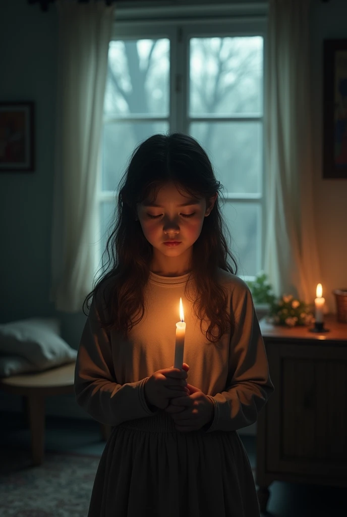 create the image of a real girl , with a lit candle in hand , inside a house , facing the window ... she should have a closed face , and showing a certain fear