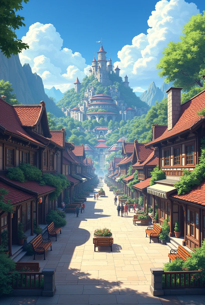 Anime-style architecture，There are benches and benches in front, town center background, town background, tavern background, art style of gta san andreas, town in the background, Anime background art, arte de fundo, distant village background, fundo de casa, anime backgrounds, background hyper detailed, Anime landscape concept art, Some houses in the background, arena background, palace background
