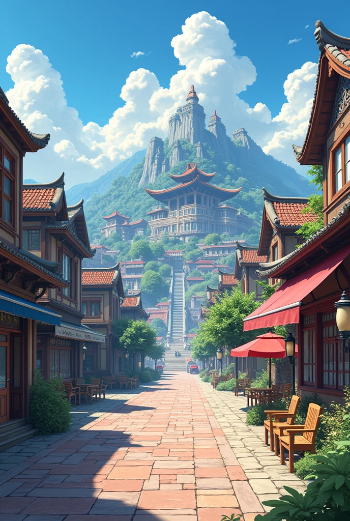 Anime-style architecture，There are benches and benches in front, town center background, town background, tavern background, art style of gta san andreas, town in the background, Anime background art, arte de fundo, distant village background, fundo de casa, anime backgrounds, background hyper detailed, Anime landscape concept art, Some houses in the background, arena background, palace background