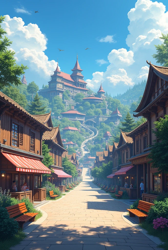 Anime-style architecture，There are benches and benches in front, town center background, town background, tavern background, art style of gta san andreas, town in the background, Anime background art, arte de fundo, distant village background, fundo de casa, anime backgrounds, background hyper detailed, Anime landscape concept art, Some houses in the background, arena background, palace background