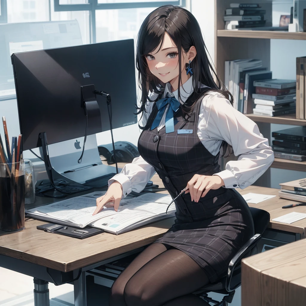 (Best Quality, Masterpiece),Wearing a pink plaid vest, White short sleeved shirt, Gray pencil skirt, Wear stiletto heels, Necklace, earrings, Cute face, Smile, Blushing, Shyness, Glass wall, Ultra Detail, Realistic, Front view, Whole body, stunning, cute, warm smile, hourglass figure, apron, text, chart, advertising, magazine title(Best Quality, Masterpiece), Mag((((1ladyl,)))) (masterpiece), (realistic), (best quality), (ultra-detailed), (wearing in [[white and gray check pattern]] Vest worn over white collared long-sleeved shirt:1.4), (gray vest with buttons:1.2), (Pink Theme:1.2), (blue ribbon ribbon:1.3), (Black theme:1.4), (Tight black pencil skirt:1.5), ((Brown pantyhose)), (high-heels:1.1),longskirt,office desk, office chair,Lulubre Unity 8K Wallpaper, pantyshot, long brown hair, office lady Magazine Cover, 1girl,  amazing, girl, 30 years old, house wiife, warm smile, hourglass figure, text, chart, advertising, 