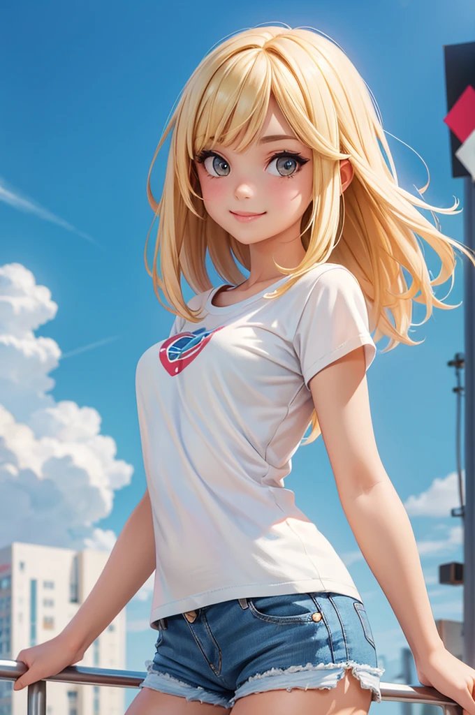 Gal,An illustration,Blonde,Plain T-shirt,Shorts,smile,semi-long,