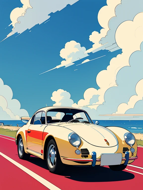 Graphic design, Drawn with clear lines, HIROSHI NAGAI art style, Blue sky and white clouds, (line art:1.2), Ligne Claire, Flowing Thick lines, Red Porsche 356 Speedster, Minimalist Geometry, fine line drawing, Illustration, Vivid highly saturated colors, ((Summer Scenery))