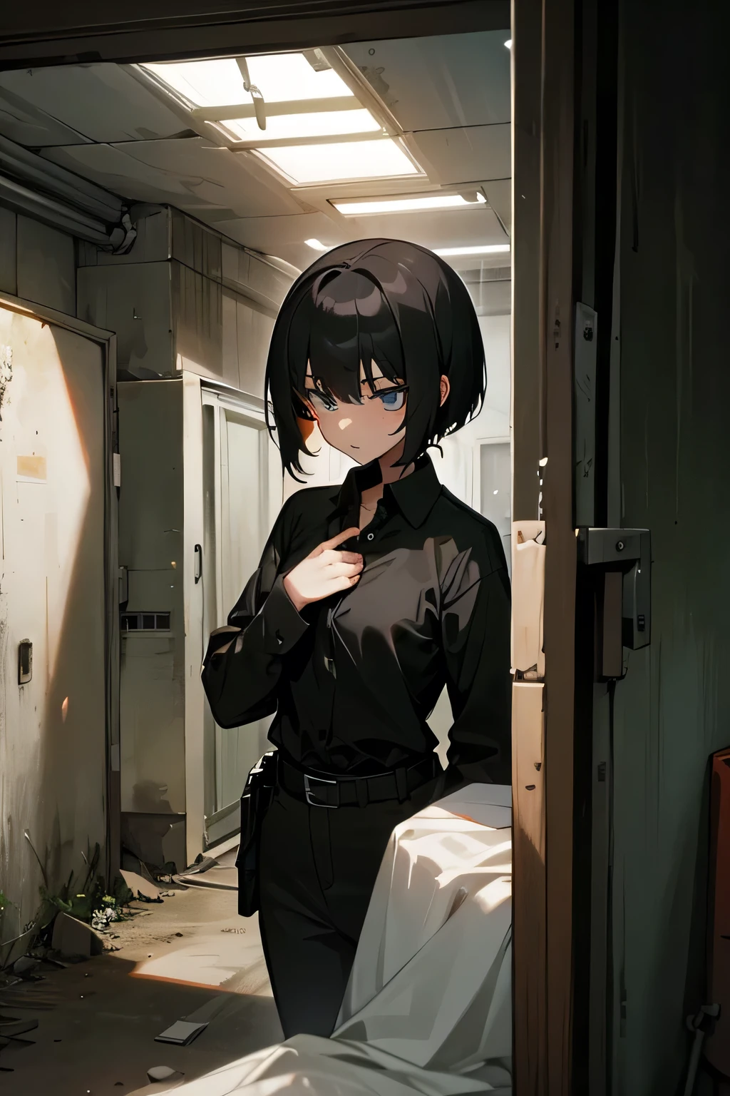 black shirt, Short hair, Inside the apocalypse shelter, tear, female