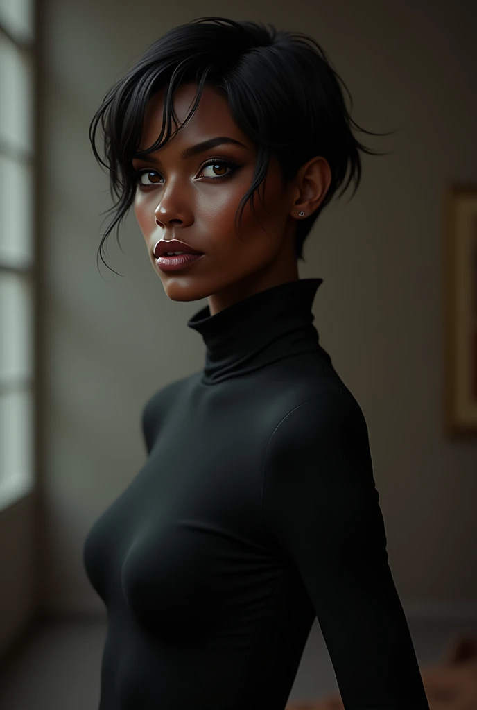 Create a woman who is one meter and a half tall and who is dark-skinned.
with a build that is neither too thin nor too fat, cat eyes and short hair.