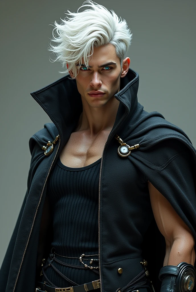 un homme cyborg beau de visage ses cheveux blanc, tout aussi bouclés et indisciplinés, tombent en cascade sur son front, accentuant le mystère de son regard sombres et rebelles qui encadrent un visage aux traits acérés. Ses yeux bleue, d'une intensité pénétrante, semblent scruter un horizon invisible, porteurs d'une détermination farouche. Son corps athlétique laissant paraitre des cablages et circuits integrés cybernetique sur sa poitrine se devine sous un long manteau noir texturé, évoquant l'armure d'un guerrier des temps modernes. , Son torse musclé est moulé dans un gilet sans manches côtelé, révélant des bras puissants ornés de gants en cuir complexes.