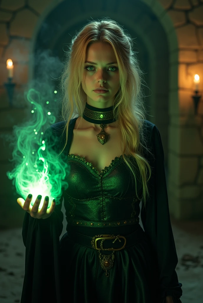 masterpiece, ultra detailed, 8K, Raw photo, Realistic light, Cinematic composition, Realistic face, Realistic skin, full body shot, 28 years, mysterious and alluring sorceress, with honey hair and green eyes, conjuring spells in a dimly lit dungeon, cute sexy, pleasure, dramatic lighting