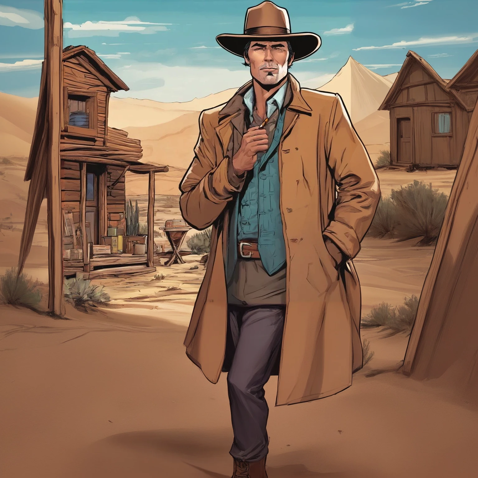 Detective in the desert with wooden houses in the background