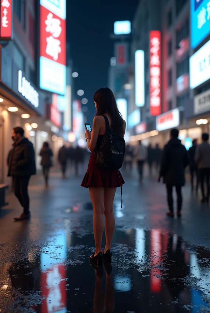 masterpiece,Highest quality,(Ultra-high definition CG Unity 8K wallpaper),(Highest quality),Physical Rendering,puddle,City view reflected on the water,Reflection of light,night,Busy Street,Passers-by々,Shibuya City,A prostitute stands alone, operating a smartphone.,mini skirt,
