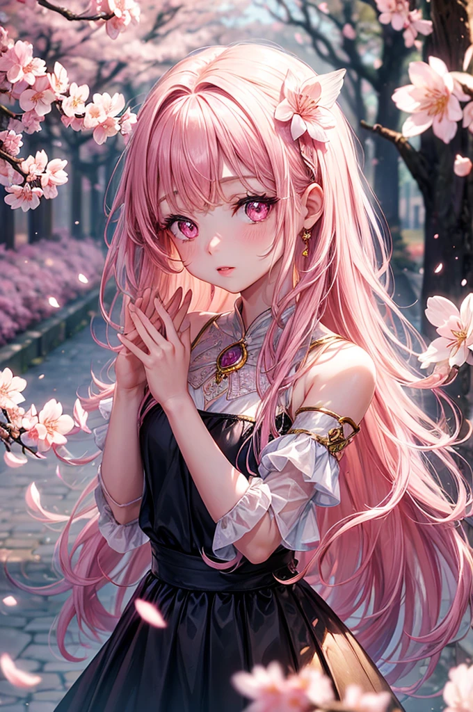 pretty cute girl , fantasy style, sparkling deep neck dress, natural light , , parted lip , pink eyes , hands behind head , cherry blossom in background , butterfiles