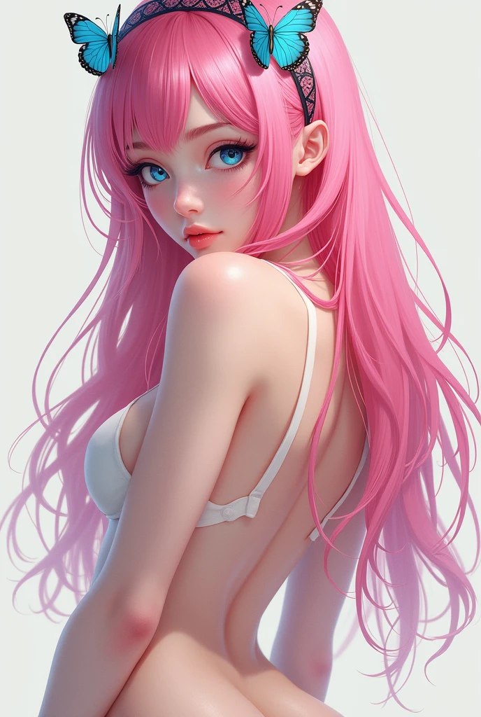 18 years old, long Pink Hair, blue Eyes, butterfly head band, aroused, NSFW, exposed,masterpiece,best quality,official art,full body, , tiny tits, detailed accurate vagina, no clothing