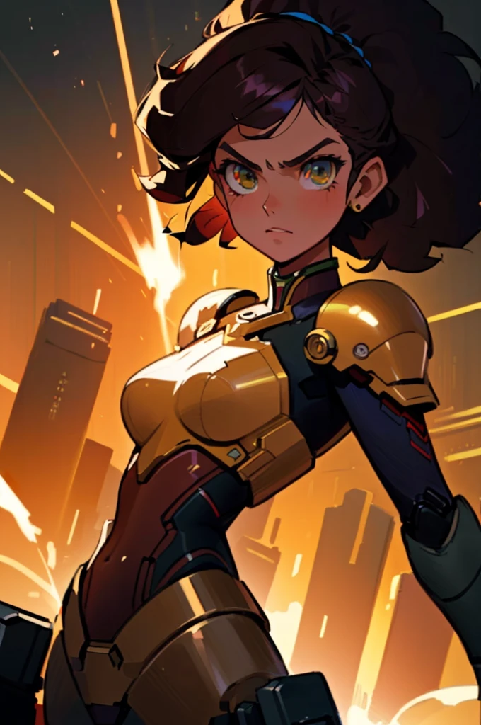 a cartoon image of a woman in a suit holding a gun, girl with mecha cybernetic armor, cushart krenz arte chave feminino, offcial art, portrait girl of the zodiac knights, girl in armor, female protagonist, girl of the zodiac knights, portrait of a female anime heroine, anime afrofuturism, offcial artwork, nanogirl, rebeca sugar, katana zero video game character