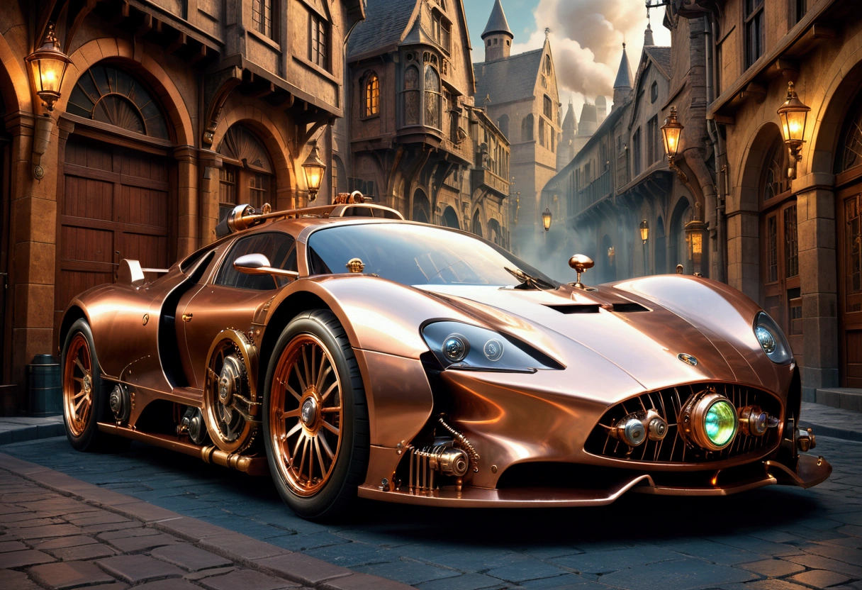 1 highly detailed steampunk supercar, on medieval street, intricate gears and machinery, copper and brass accents, glowing steam vents, gleaming polished surfaces, dramatic lighting, cinematic camera angle, photorealistic, 8k, ultra-detailed, masterpiece