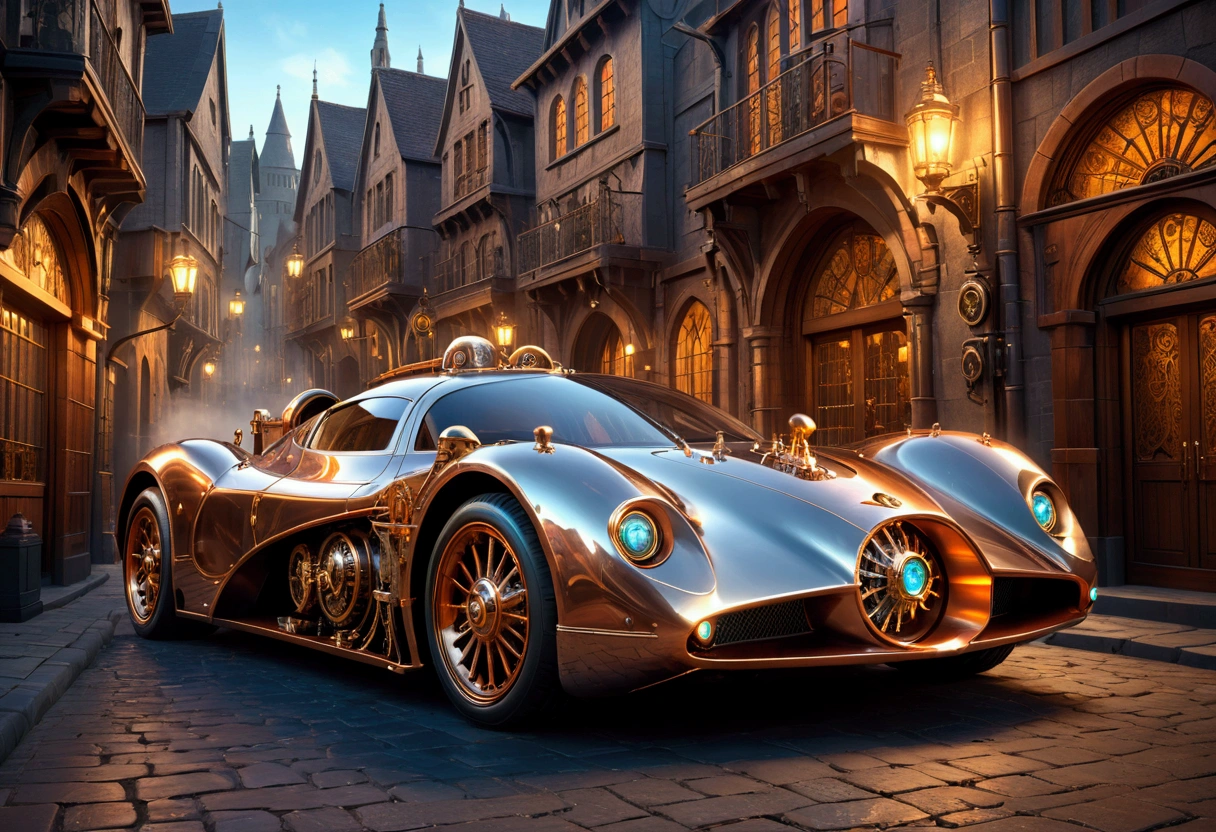 1 highly detailed steampunk supercar, on medieval street, intricate gears and machinery, copper and brass accents, glowing steam vents, gleaming polished surfaces, dramatic lighting, cinematic camera angle, photorealistic, 8k, ultra-detailed, masterpiece