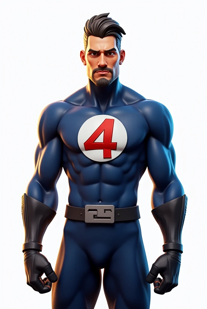 (masterpiece:1.2, best quality), FortniteStyle, Mister Fantastic from Fantastic Four ((slicked Back grizzle hair, brown eyes)), fantastic four outfit with a 4 logo in his chest, unreal engine 5, hypermaximalism, 3D, 4k, UHD, lumen illumination, ray tracing, full body view, in a full white background