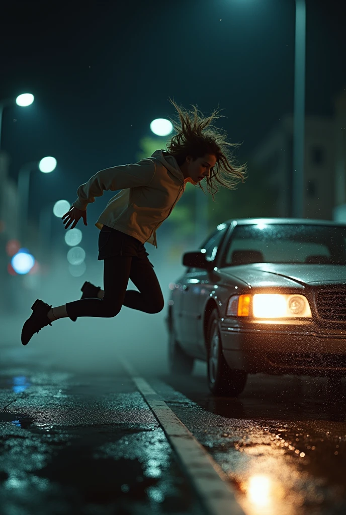 (photorealism:9:16), a young woman hited by a speeding car at night