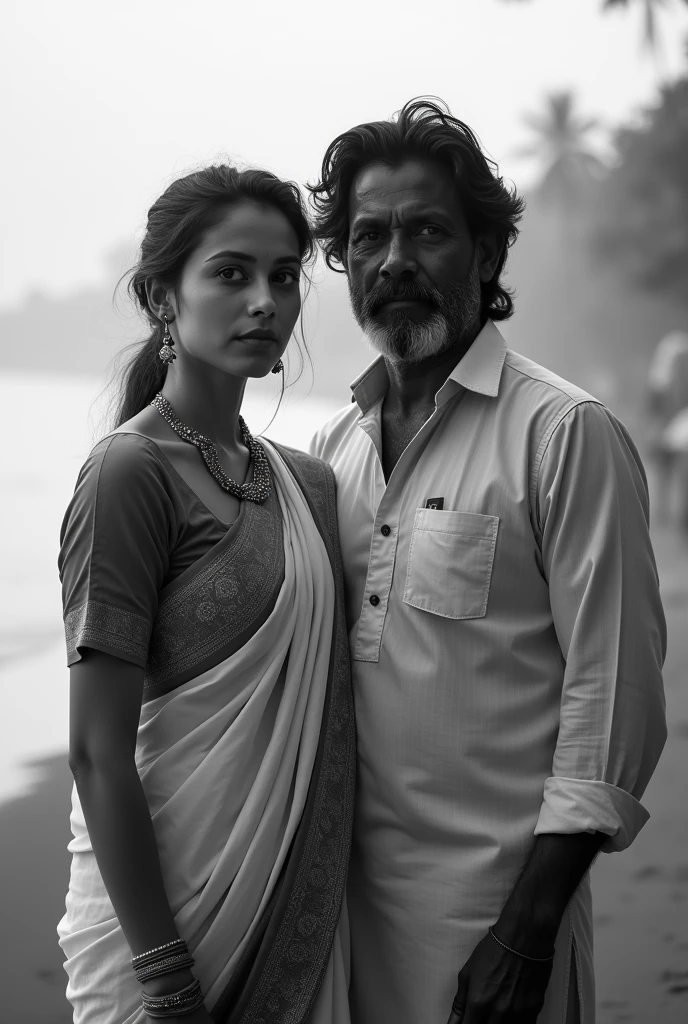 Genarate a black and wite image of a beautiful woman in saree and a man in kurta (late 30s) in age in a beach or bangs of river in Kolkata