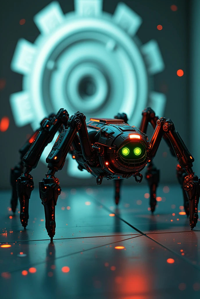 The image features a robotic spider, a piece of artificial intelligence designed to navigate and interact within a high-tech environment. Its design is reminiscent of a futuristic cybernetic organism, equipped with glowing green eyes and a series of red lights that suggest power and activity. The spider's legs are sturdy and articulated, suggesting a capability for complex movement and manipulation. The background includes a projection of a gear-like structure, which may indicate the nature of the spider's programming or its intended function in a mechanical or industrial setting. The overall impression is one of advanced technology and a blend of organic and synthetic design.
