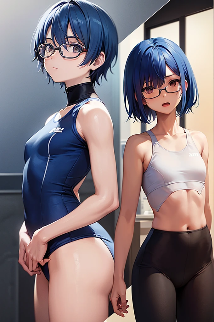 masterpiece, best quality,anime style, 1 girl,(((slender body))), (((small eyes,glasses))),(((athlete suit))), (beautiful face), (((short hair))), (((straight hair))), ((((blue hair)))),detailed beautiful skin, (perfect hands, perfect anatomy),scream