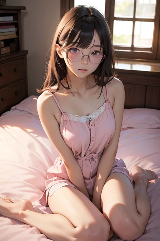 Highest quality、masterpiece、High sensitivity、High resolution、Detailed Description、Slender women、Glasses、White camisole、Sitting on a futon、Dyed in pink、overall、