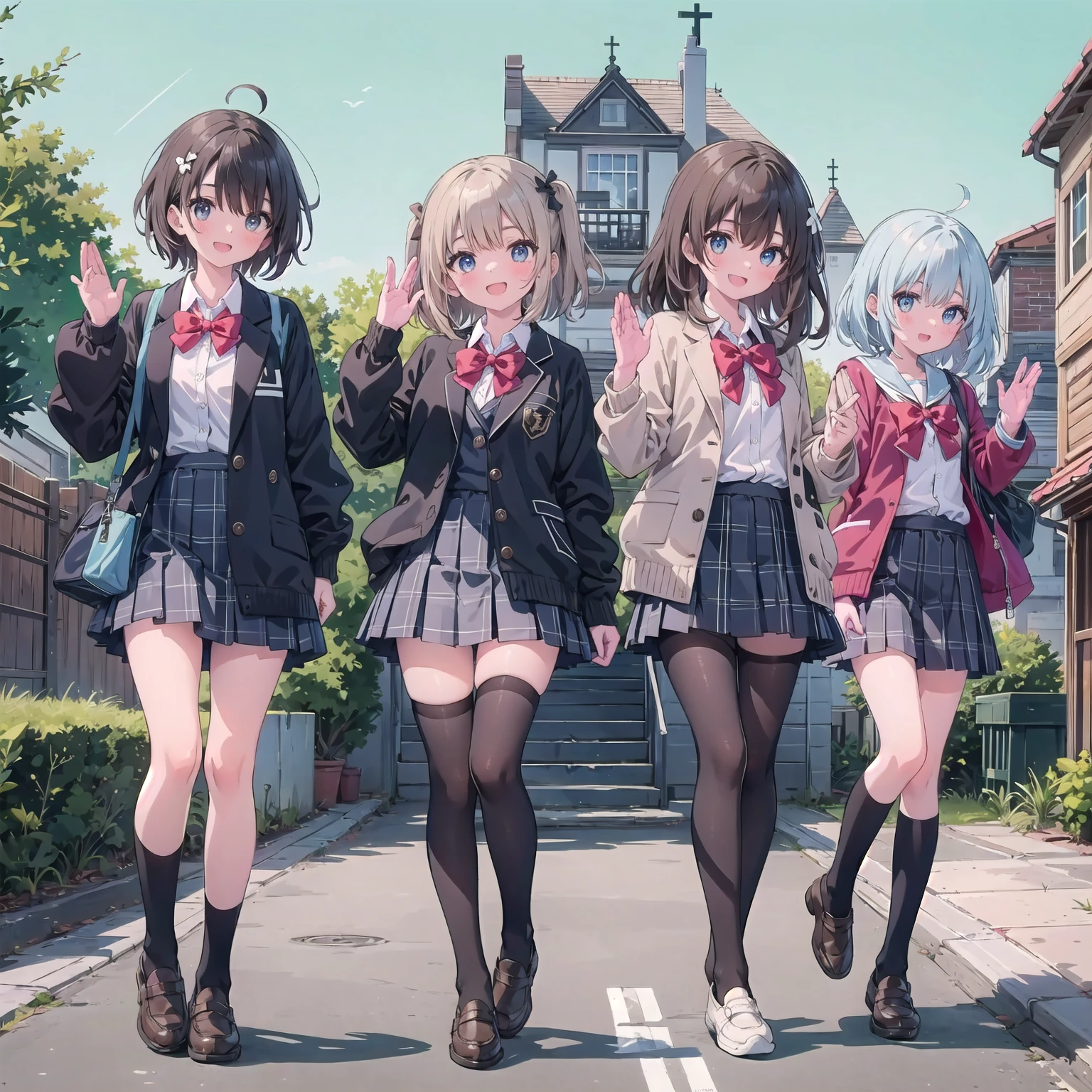 finely DetaileD illustration, mejor caliDaD, masterpiece, Vibrant color,8 years、pretty girl、幸せなsmile、hermoso fonDo,by the wide, Ver tu auDiencia, blush, smile, open the mouth, hits, blue eyes, several girls, falDa, Brown hair, shirt, black fur, long sleeve, bow, Brown eyes, very by the wide, , Están De pie, jacket, white shirt, :D, suDor, pleateD falDa, exterior, open clothing, shoes, Day, shoes下, striped, collareD shirt, Please raise your hand, three girls, if, bufanDa, reD bow, open jacket, black jacket, cejas en forma De v, The sleeves are longer than the wrist., parteD hits, tartan, Hasta la roDilla, nose blush, tartan falDa, calzaDo marron, flying suDorDrops, jacket De sport, carDigan, moccasins, grey falDa, school if, striped bow, Diagonal stripes, season