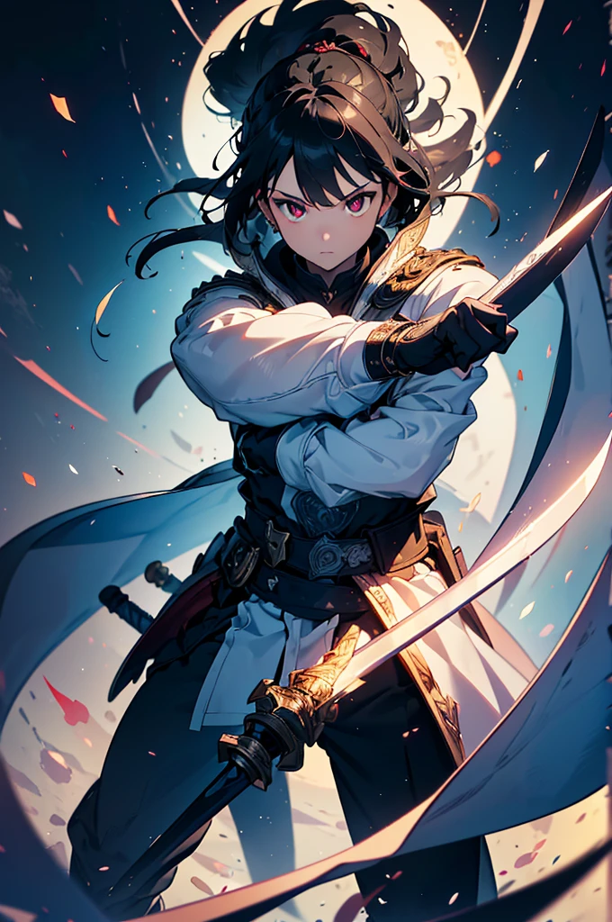 k minus 1, (masterpiece:1.2, Highest quality),(Colored Background) (Beautiful attention to detail: 1.2), (Highly detailed CG Unity 8K wallpapers, masterpiece, Highest quality, Very detailed, Best Shadow), (Detailed Background) ,arms(Holding a glowing sword),alone ,Black Hair,Eyes with no red light,One person,Young face