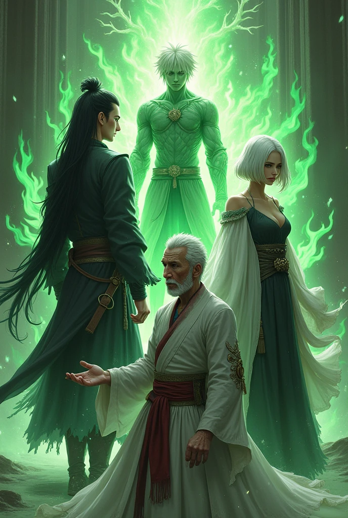 Create a group of people,there is a tall man with long samurai-style hair and dark clothes , a man with medium length hair of white color and white color, a green humanoid man with green fire, a woman with white hair and black clothes, an old man with red and white hair wearing a white medieval suit 