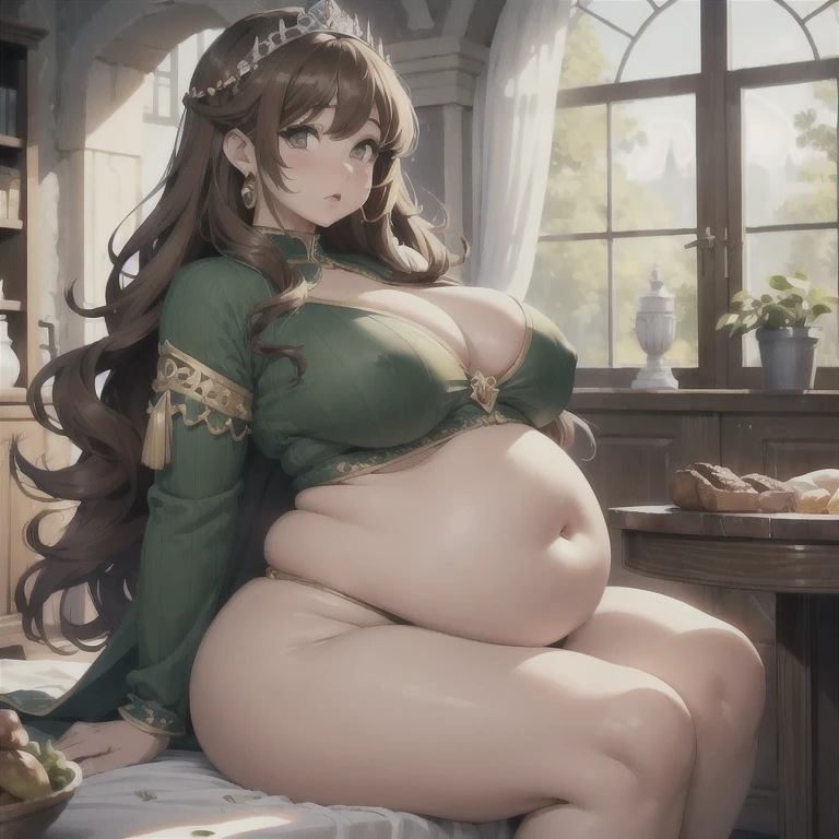 best quality, high rating, 8k, high resolution, beautiful face, gorgeous, masterpiece, ((flawless)), (((high rating))), (highly detailed face), masterpiece, full resolution, highly detailed skin texture, 8k, high resolution, beautiful face, 1woman, stuffed belly, chubby, c.cu(artist), blushyspicy(artist), wide eyes, embarrassed, surprised, shocked, large_breasts, wide_hips, big_butt, deep navel, burping, long hair, (huge chubby belly), soft belly, smooth belly, overweight, belly_grab, sitting, hyper boobs, tight clothes, grabbing belly, (hyper gigantic fatass), goddess, divine being, queen goddess, royal clothing, white robes, fully clothed, goddess of gluttony, green goddess, curly brown hair, greek clothing,(( brown curly hair))