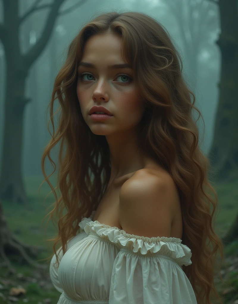 hazy dnd rpg style full body high detail fantasy portrait oil painting illustration of a mysterious quiet powerful rude young beautiful mean looking away quiet mystery beautiful exotic golden brown skinned woman face, in a beautiful night scenic background, big almond hazel teal turquoise mix green eyes, straight extremely coily curly 3c curly brown reddish blond hair, acotar fae , high quality, sombre mood, muted colours, entire person visible! , dainty face dreamy ethereal silk bohemian white dress sexy big breasts mysterious long straight hair dreamy ethereal dark