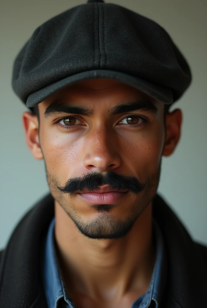A 25-year-old man with light brown skin, a black mustache and wearing a cap