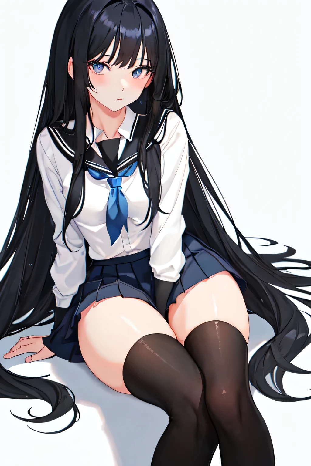 Black Hair, Black Eyes, (Blue Light From One's Eyes), 1 Girl, Long Hair Style, Masterpiece, Best Quality, Perfect Anatomy, Small Breast, Simple School Uniform, Cute, Beutiful, [Perfect Hand], [Perfect Eyes], Without Body Exposure