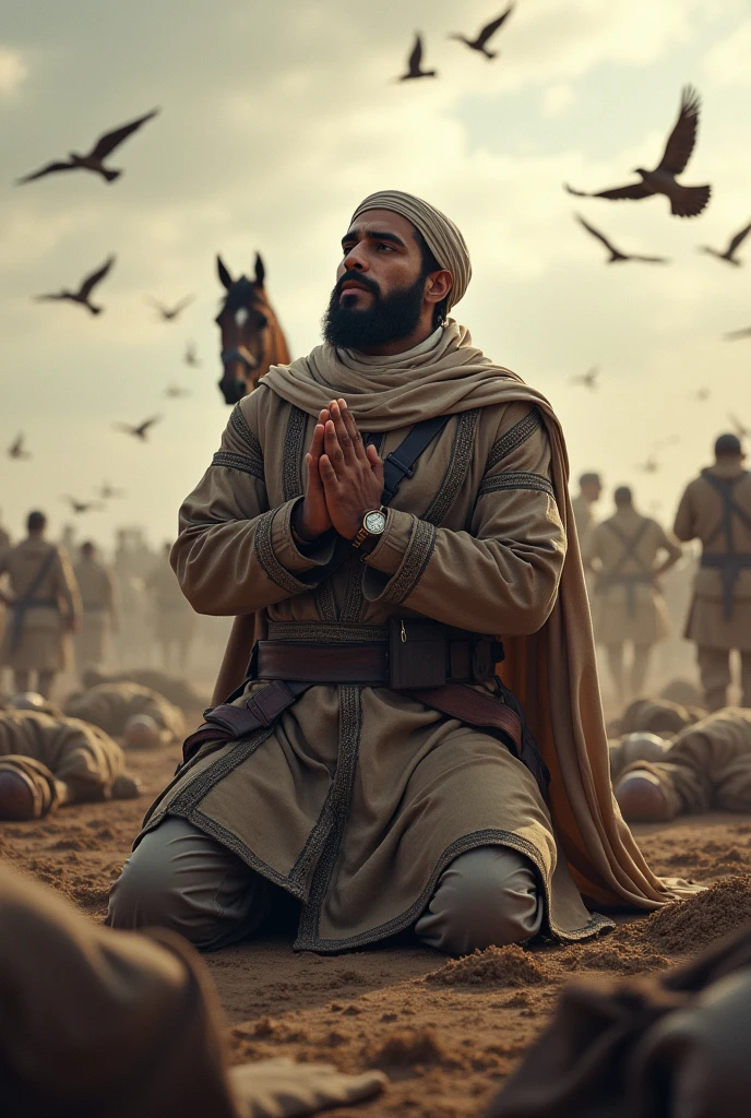 A Muslim man warrior offering namaz on the battlefield. There are dead bodies lying on all four sides. And he sit-down for namaz and raised her hand and prayed to Allah. There are birds flying towards the sky. His horse is beside him.