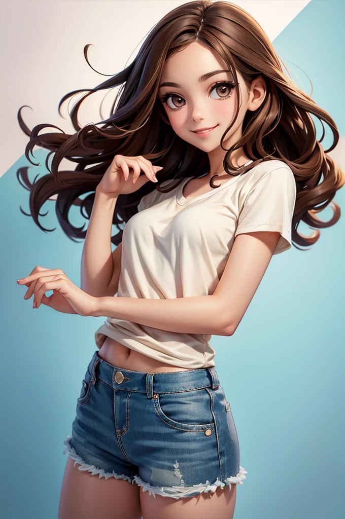 Gal,An illustration,Brown Hair,Plain T-shirt,Shorts,smile,semi-long,Curly Hair