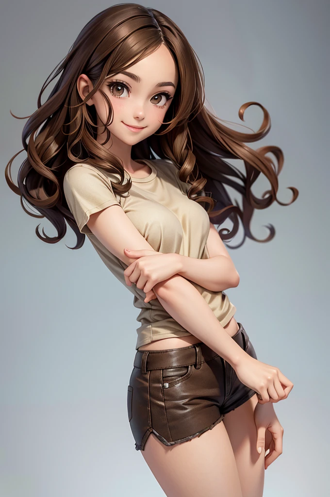 Gal,An illustration,Brown Hair,Plain T-shirt,Shorts,smile,semi-long,Curly Hair