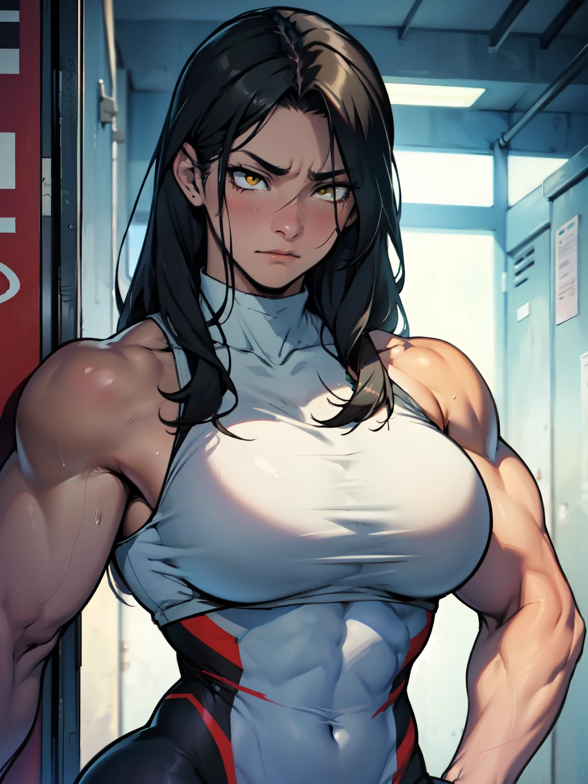 solo muscular girl muscular girl muscular girl thick thick thick breasts breasts breasts massive hair black hair yellow eyes pale skin embarrassed empty eyes sad