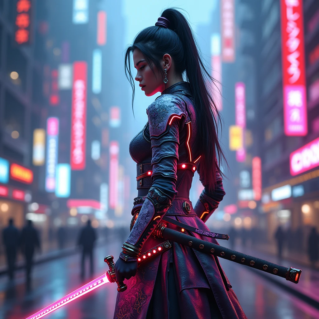 A beautiful modern-day female samurai in a cyberpunk city, holding a (((neon-lit katana sword:2))),and wearing(((armor that glows with electric energy:2))),(((cybernetic enhancements:1.6))),(ethereal fantasy concept art) . painterly, epic, majestic, cover art, best quality, realistic render, unreal engine, lifelike, hyperrealistic, highly detailed, 8 K, hyper detailed, insane details,